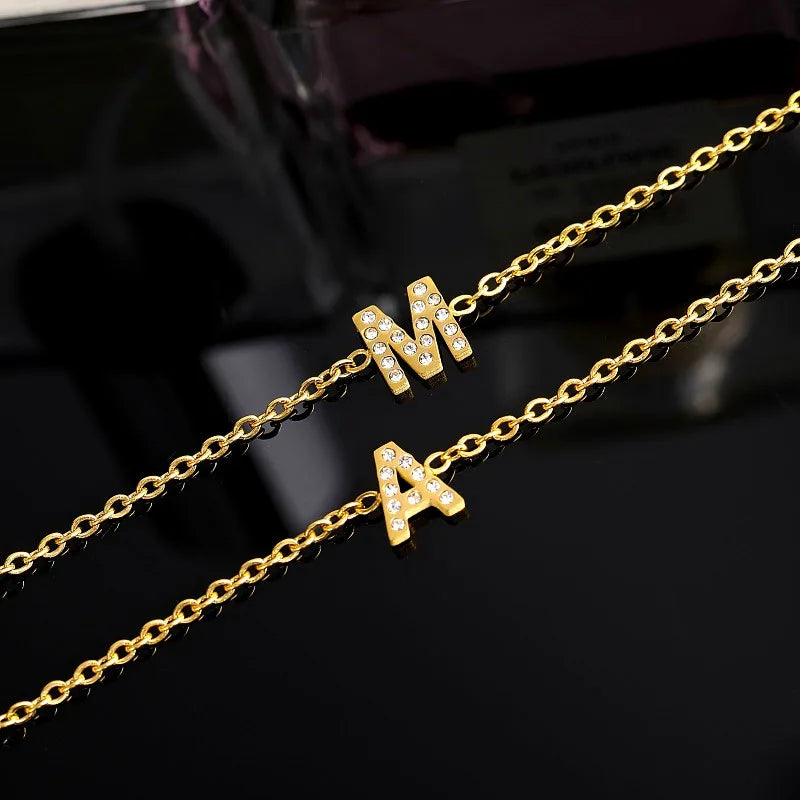 Custom Gold Color Stainless Steel Bracelet Bangle with Zircon Letter Initial Alphabet Charms Bracelets for Women Girl Jewelry