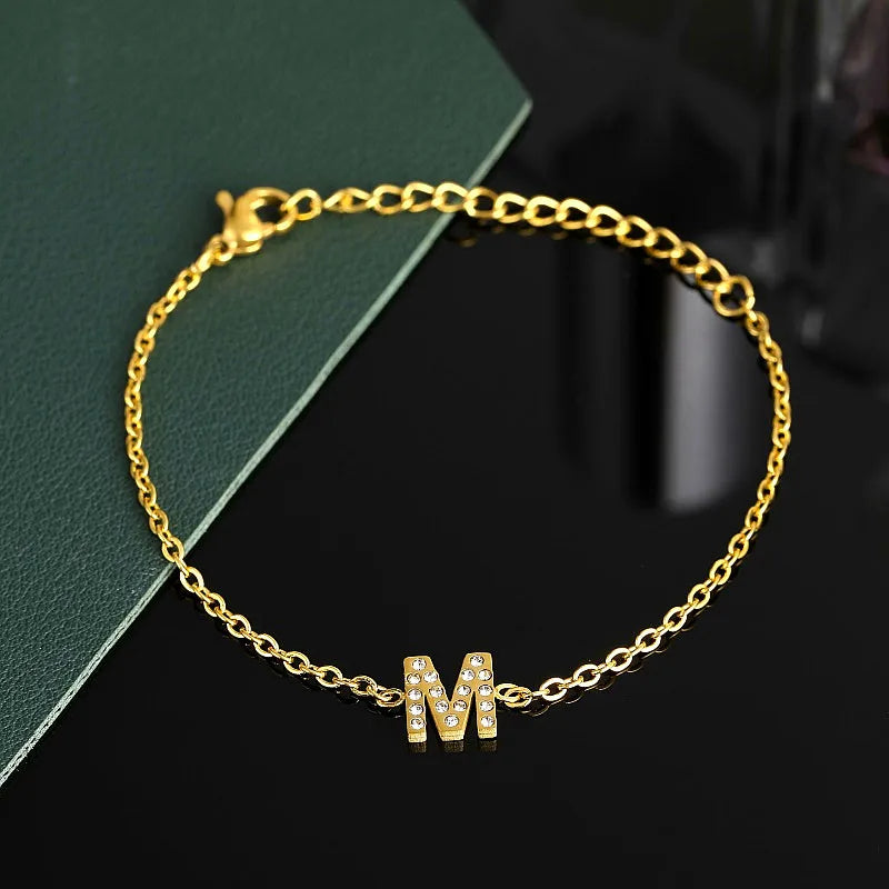 Custom Gold Color Stainless Steel Bracelet Bangle with Zircon Letter Initial Alphabet Charms Bracelets for Women Girl Jewelry