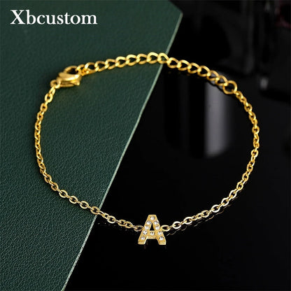 Custom Gold Color Stainless Steel Bracelet Bangle with Zircon Letter Initial Alphabet Charms Bracelets for Women Girl Jewelry