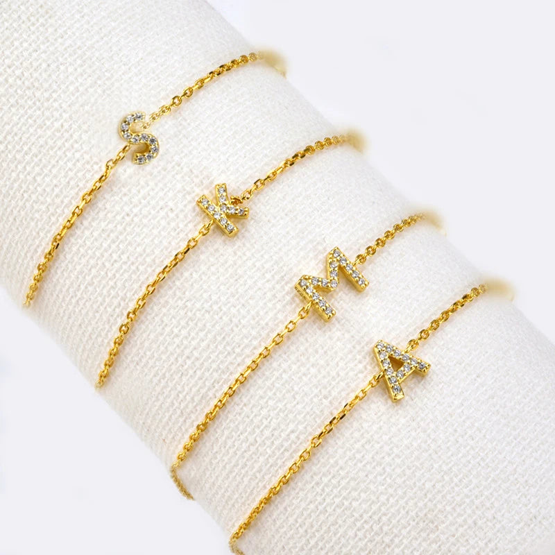 Custom Gold Color Stainless Steel Bracelet Bangle with Zircon Letter Initial Alphabet Charms Bracelets for Women Girl Jewelry